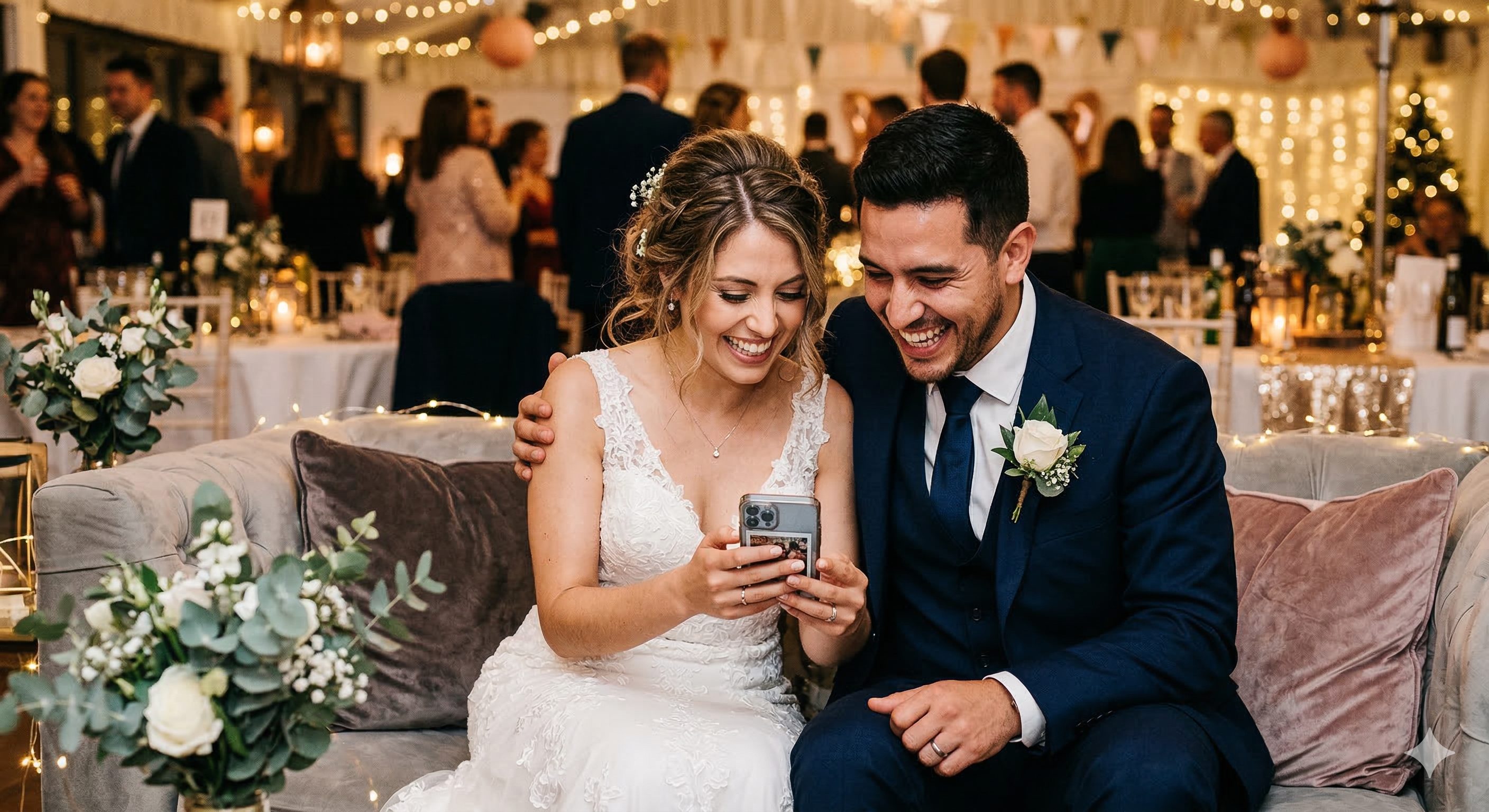 Pareja viendo sus fotos